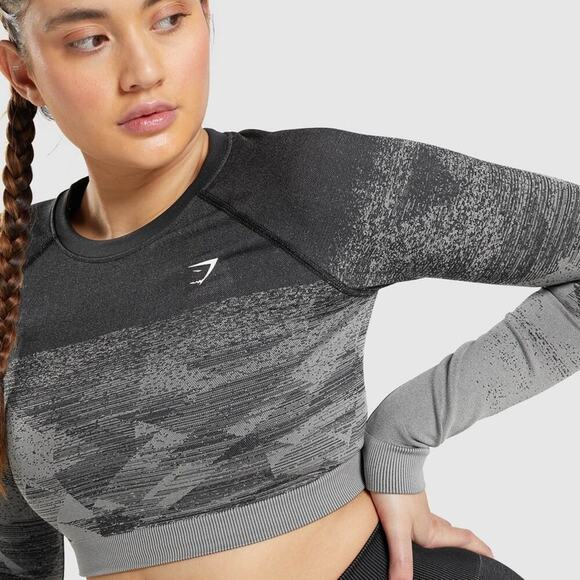 Gymshark Crop Top Black Print SZ S - Picture 1 of 11